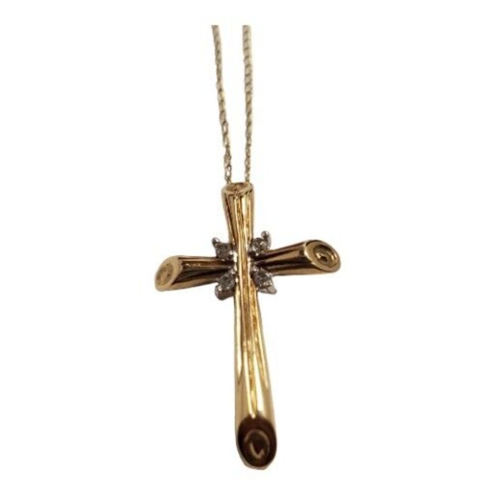 Vintage Cross Pendant Necklace 10K Yellow Gold 4 Small Diamonds Goldtone Chain